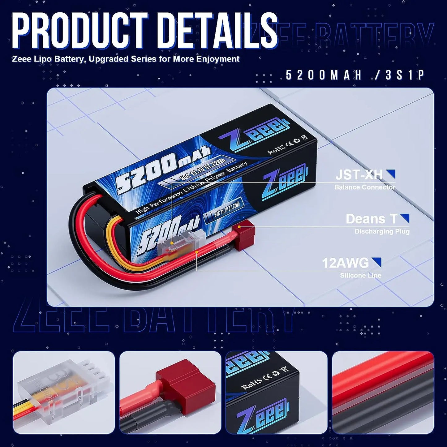 Zeee 3S LiPo RC Battery 11.1V 5200mAh 80C Hardcase w/ Plugs - ShoreCo.Shop