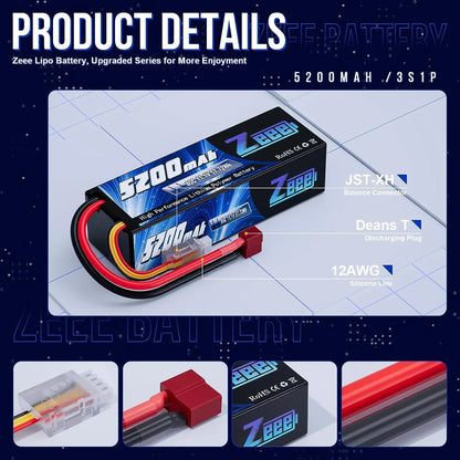 Zeee 3S LiPo RC Battery 11.1V 5200mAh 80C Hardcase w/ Plugs - ShoreCo.Shop