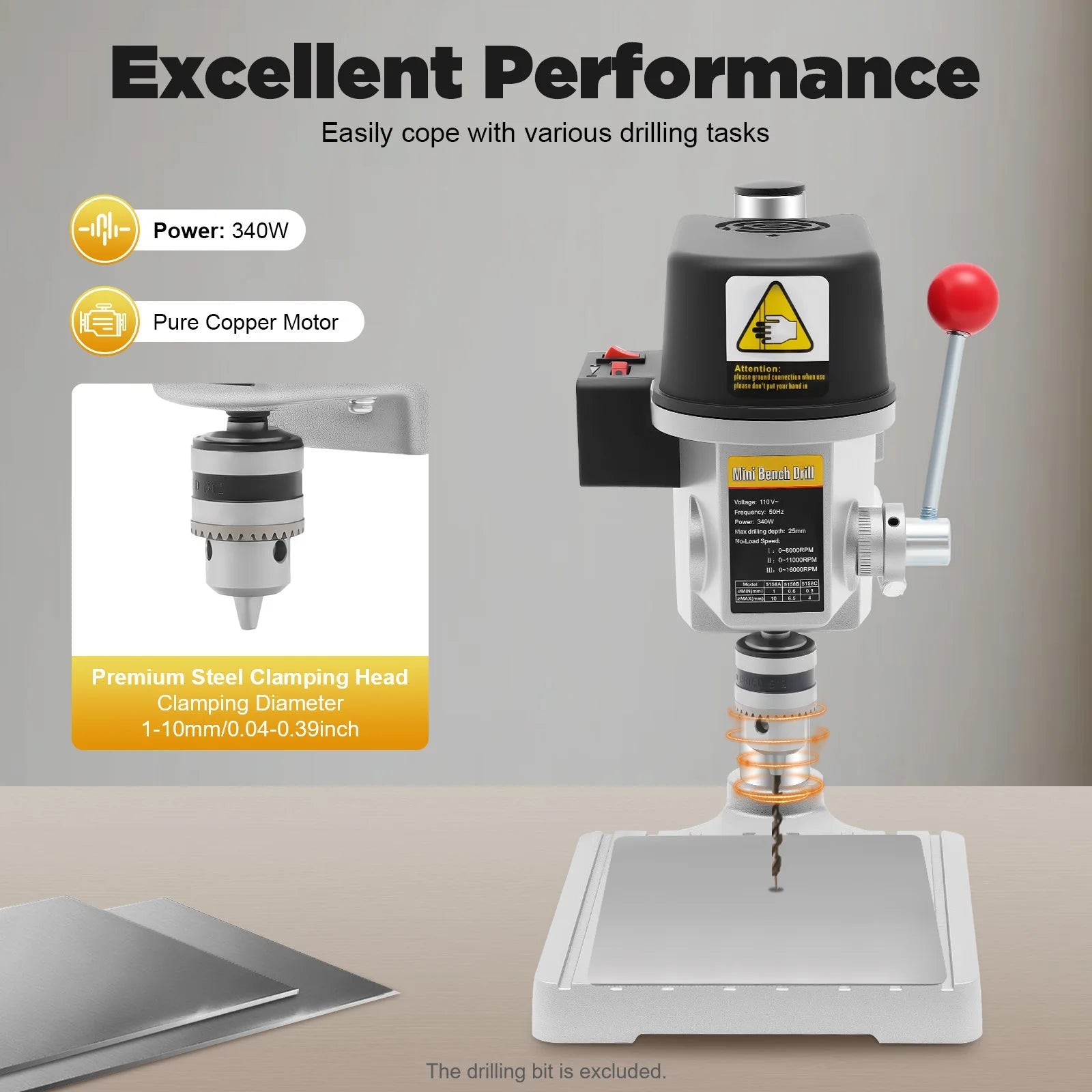 340W Portable Benchtop Drill Press, High-precision 3 Speed Adjustable Mini Portable Electric Bench Drill Stand for Iron Wood    Home Decor Supply | Online Retail | ShoreShopper.com