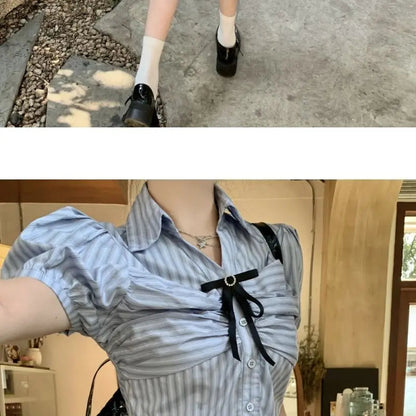 Bow-rinked Striped Shirt for Women Summer French Sweet and Spicy Puff Sleeve Shirt Short Short Sleeve Top    Home Decor Supply | Online Retail | ShoreShopper.com