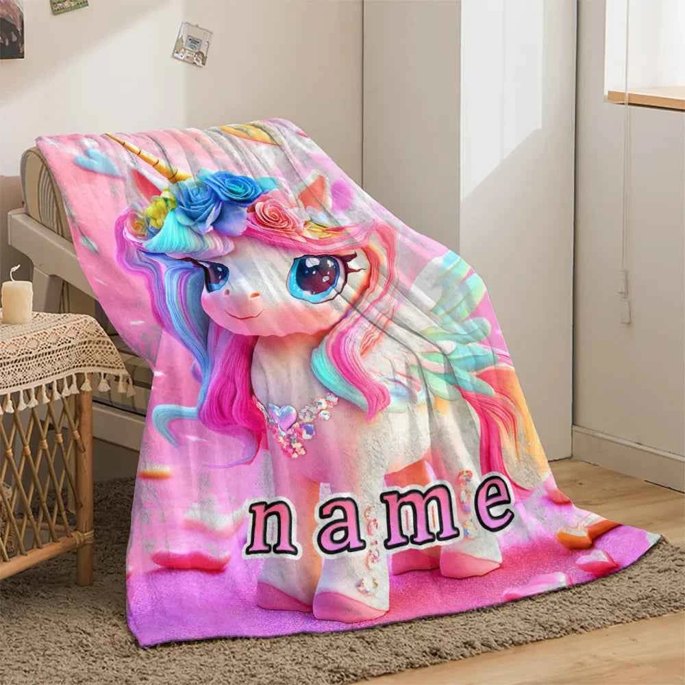 Customizable unicorn blanket with sparkling rainbow mane, soft and lightweight pink flannel blanket, personalized name options