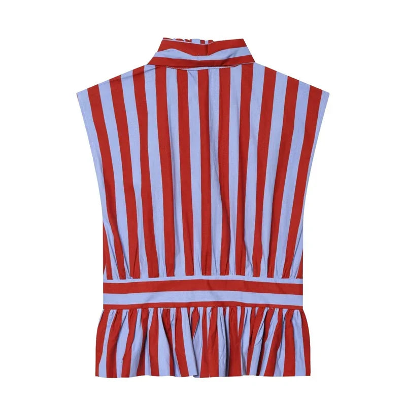 Women's Shirt 2026 Summer New Style Striped Sleeveless Waist-Fitted Shirt with Bow Decoration Romantic Style Personality Fashion    Your Coastal Marketplace | Shoreshopper.com