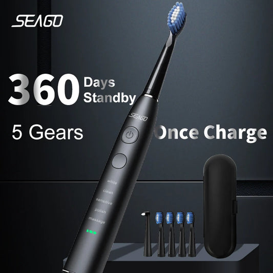 Seago Electric Sonic Toothbrush USB Rechargeable Adult 360 Days Long Battery Life IPX7 4 Replacement Heads Travel Box  SG-575 - ShoreCo.Shop