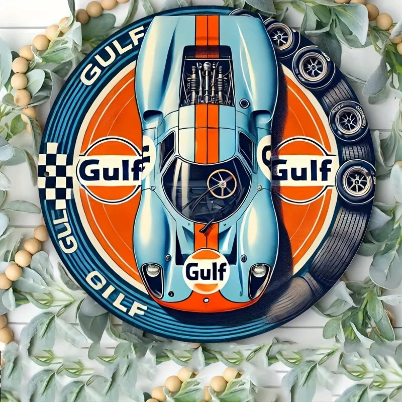 1pc Vintage Gulf Racing Car Metal Tin Sign - Retro Style Wall Art with Blue & Orange Stripes, Aluminum, Perfect for Home, Cafe    Home Decor Supply | Online Retail | ShoreShopper.com