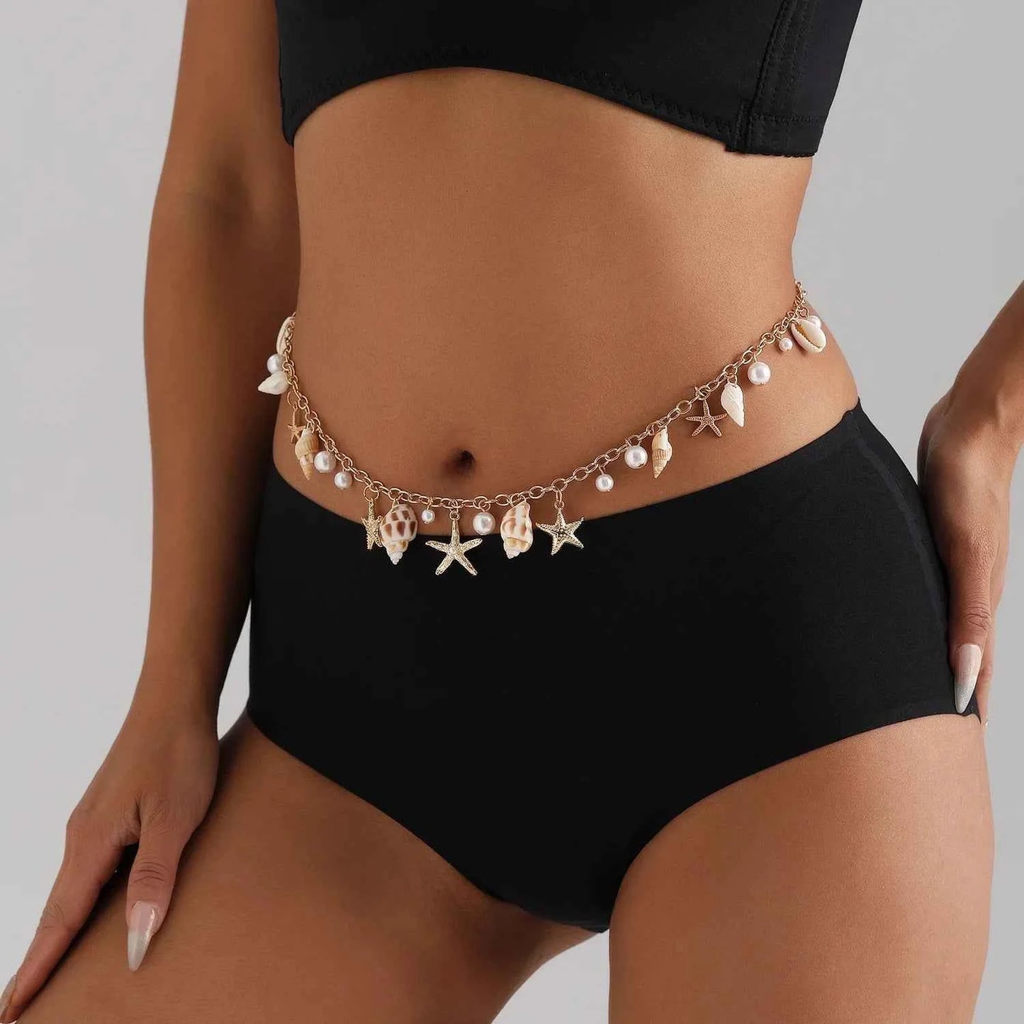 Bohemian Summer Beach Shell Waist Link Imitation Pearl Sea Star Conch Pendant Body Chain for Women Fashion Jewelry Accessories