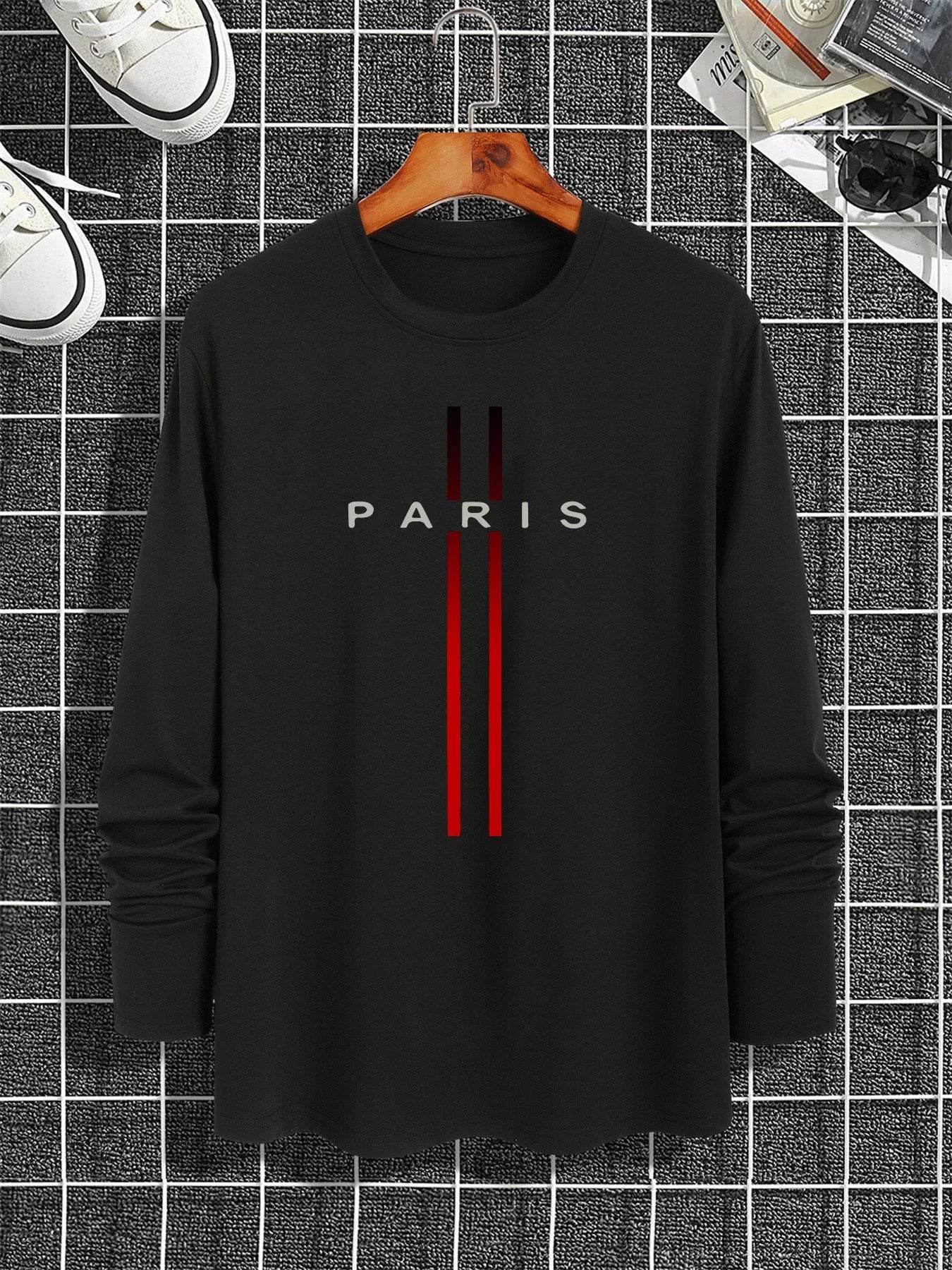 Men's Spring and Autumn 100% Cotton Loose and Comfortable Casual Paris Pattern Printed Round Neck Long Sleeve T-shirt    Home Decor Supply | Online Retail | ShoreShopper.com