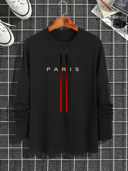 Men's Spring and Autumn 100% Cotton Loose and Comfortable Casual Paris Pattern Printed Round Neck Long Sleeve T-shirt    Home Decor Supply | Online Retail | ShoreShopper.com