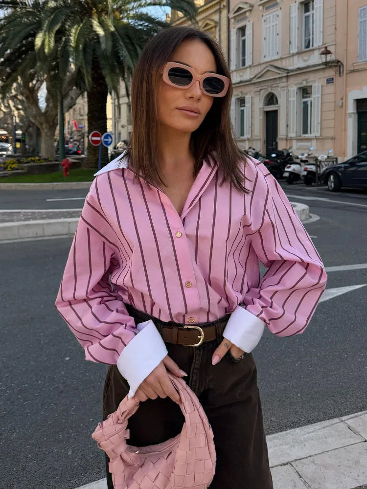HH Women Spring Casual Shirt Pink Striped Lapel Long Sleeve Single Breasted Fashion Female Elegant Loose Versatile Blouse Mujer    Your Coastal Marketplace | Shoreshopper.com