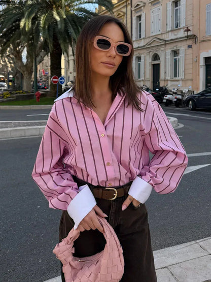 HH Women Spring Casual Shirt Pink Striped Lapel Long Sleeve Single Breasted Fashion Female Elegant Loose Versatile Blouse Mujer    Your Coastal Marketplace | Shoreshopper.com