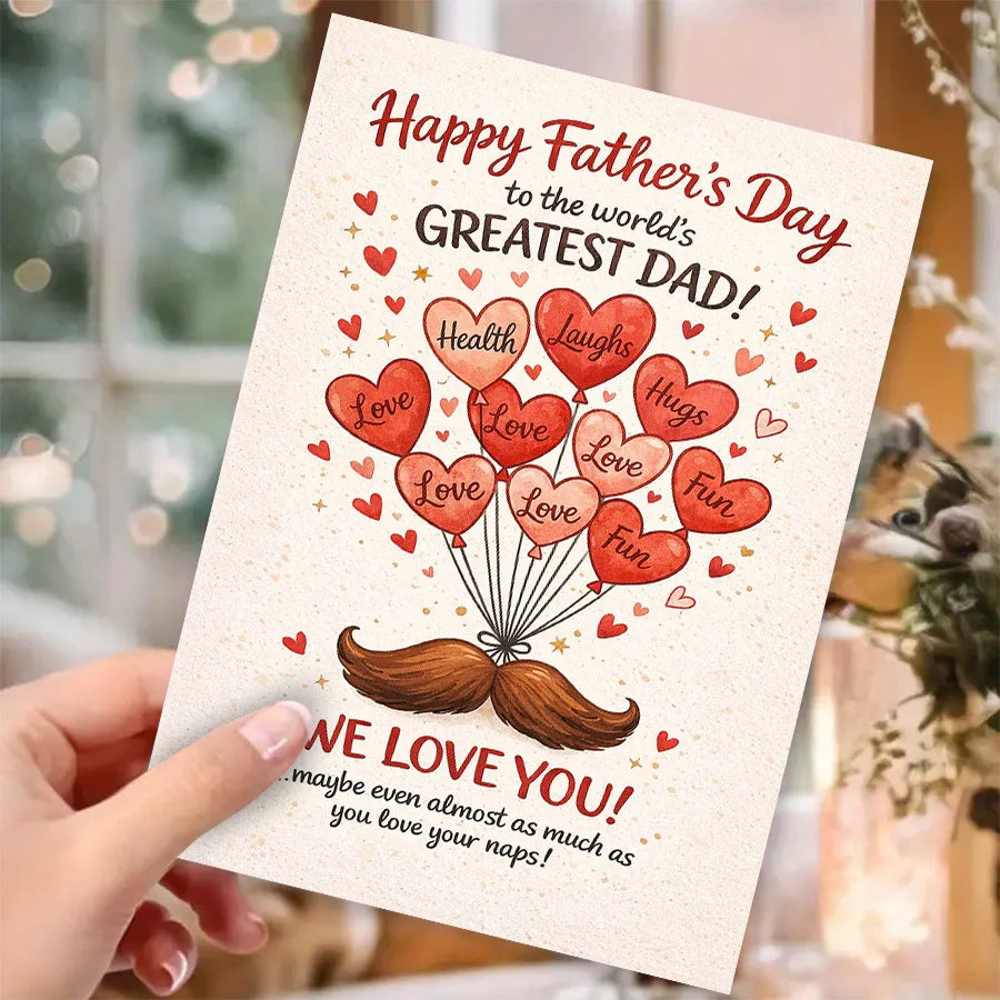 Father's Day greeting card, dedicated to the best dad in the world - fun beard design with hugs, laughter, and health wishes    Your Coastal Marketplace | Shoreshopper.com