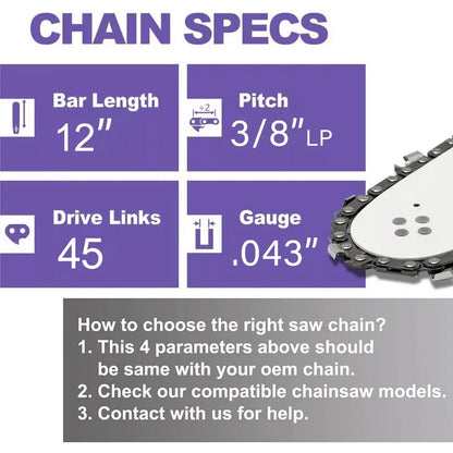 12 Inch Chainsaw Chain 3/8" LP Pitch .043'' Gauge 45 Drive Links Fits For DeWalt DCCS620P1 Ryobi, Craftsman, Makita and More - ShoreCo.Shop