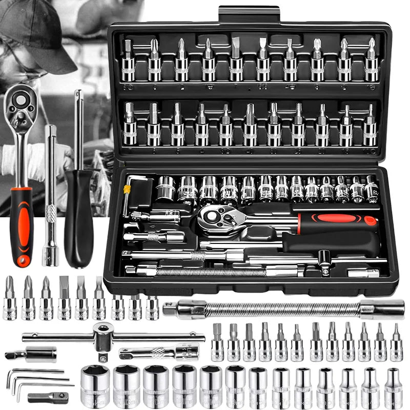 46pcs/set Drive Socket Set Ratchet Wrench Set Car Tool Kit, Bit Socket Wrench Set Metric Mechanic Tool Set Car accessories - ShoreCo.Shop