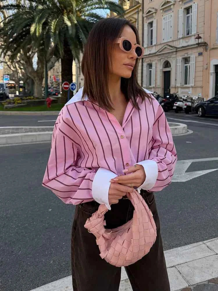HH Women Spring Casual Shirt Pink Striped Lapel Long Sleeve Single Breasted Fashion Female Elegant Loose Versatile Blouse Mujer