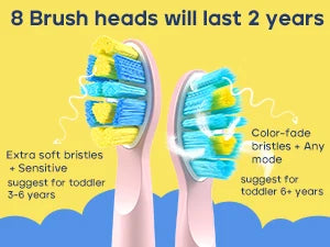 Children Electric Toothbrush with 8 Replacement Heads DIY Stickers 5 Cleaning Modes Blue Pink Yellow 3 Colors Soft Bristles - ShoreCo.Shop