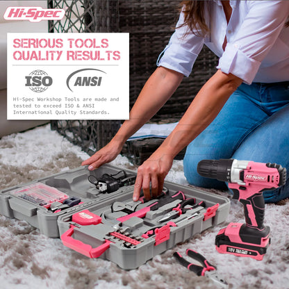 Hi-Spec 92-Piece Pink Home Tool Box Set, Multi-Function Hand Repair Kit with Hammer Cordless Power Drill Combo for Household DIY - ShoreCo.Shop