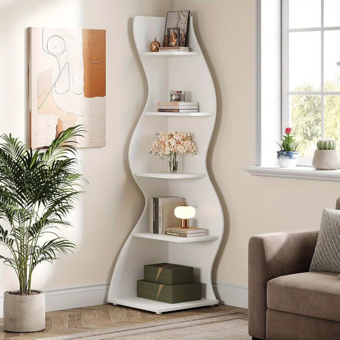 5-Tier Wave Bookshelf  Modern curved corner shelf with metal frame and wooden shelves, white finish, sturdy floor design bedroom    Home Decor Supply | Online Retail | ShoreShopper.com
