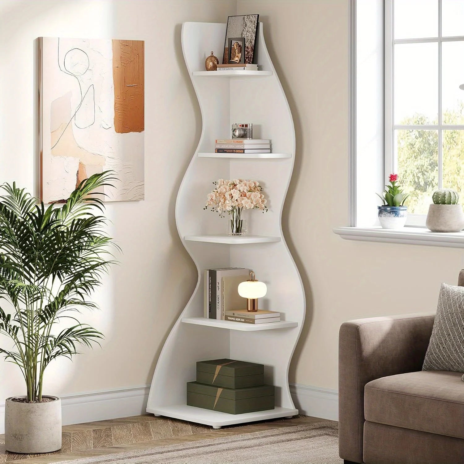 5-Tier Wave Bookshelf  Modern curved corner shelf with metal frame and wooden shelves, white finish, sturdy floor design bedroom    Home Decor Supply | Online Retail | ShoreShopper.com