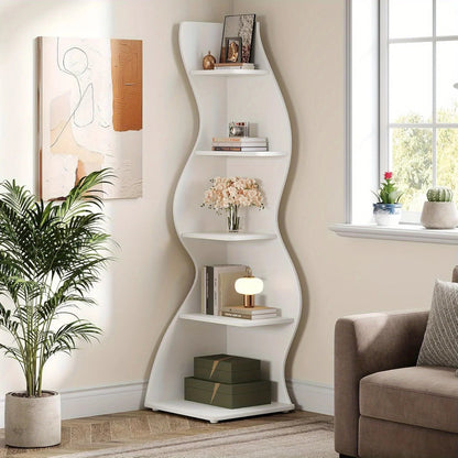 5-Tier Wave Bookshelf  Modern curved corner shelf with metal frame and wooden shelves, white finish, sturdy floor design bedroom    Home Decor Supply | Online Retail | ShoreShopper.com