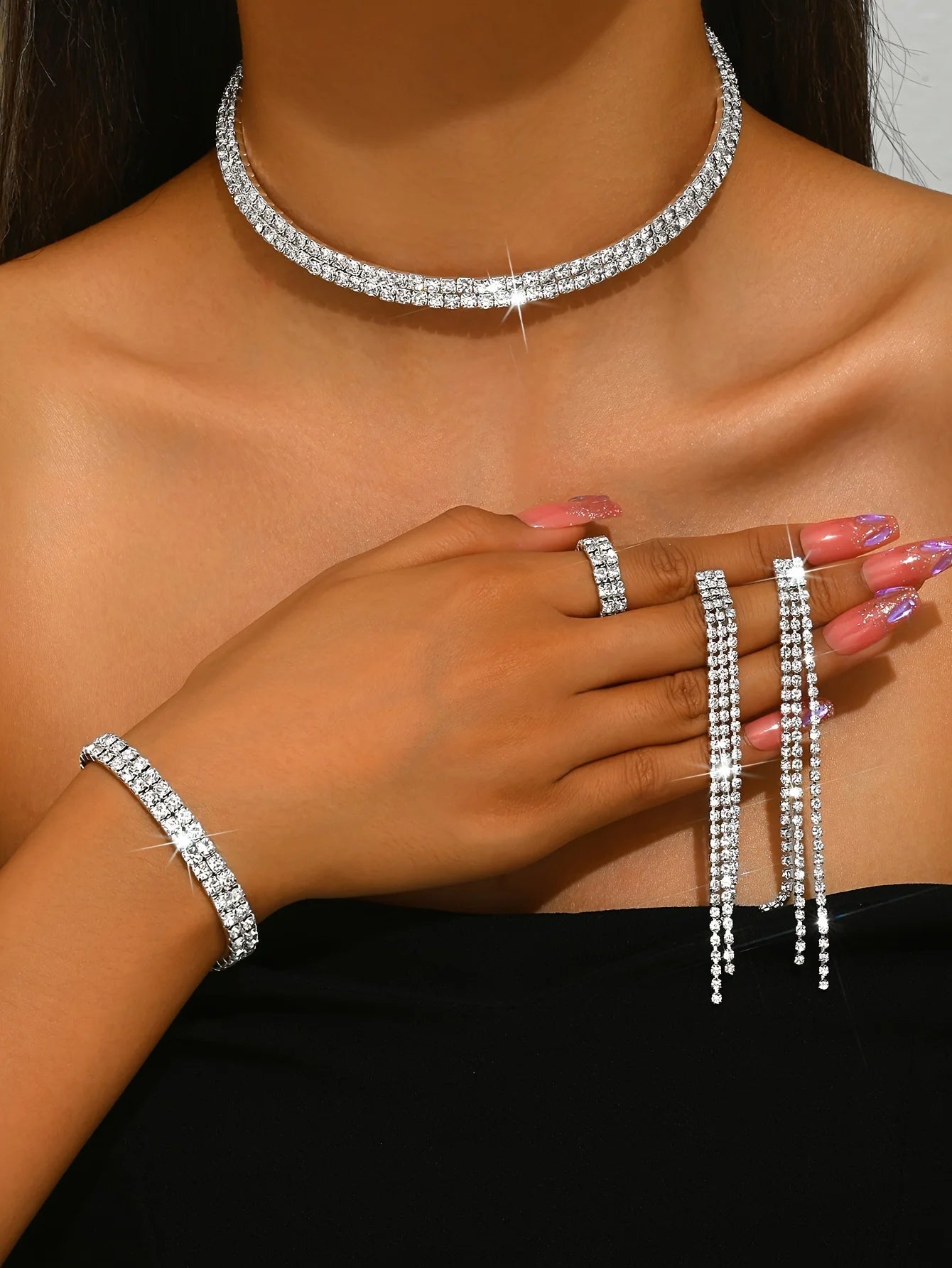 5pcs Luxurious Rhinestone Jewelry Set for Women,Choker, Earrings, Stretch Bracelet & Ring for Weddings, Banquets & Parties    Home Decor Supply | Online Retail | ShoreShopper.com
