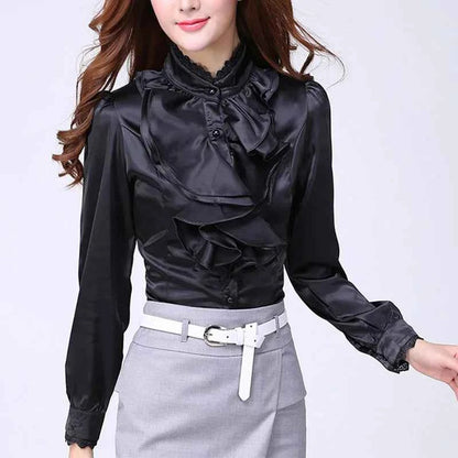 Women Shirts Long Sleeve   Spring Autumn Button Up Tops Fashion Lady Stand Collar Shirt Solid Color Female Elegant Blouses