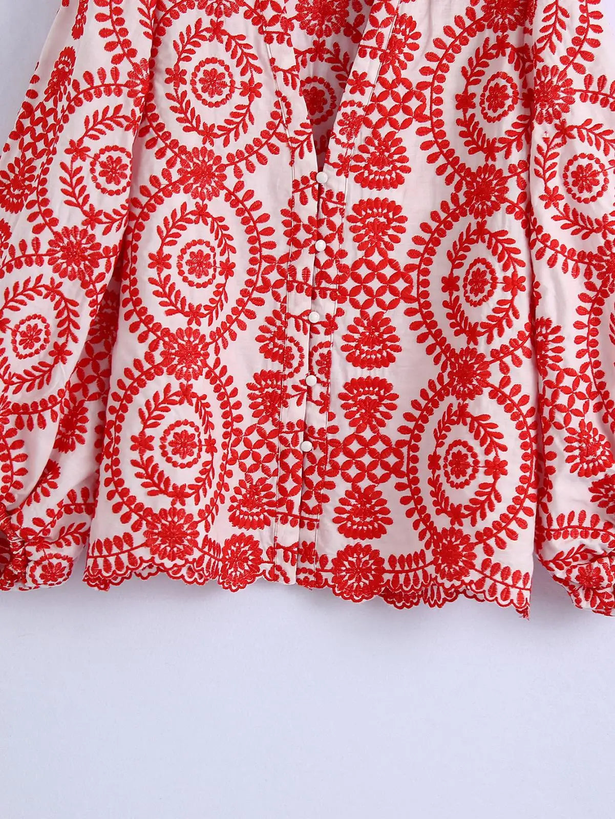 Women Red Floral Embroidered Shirt V Neck Long Sleeve Blouse Down Bohemian T-Shirt Casual Vacation Style Summer Clothing    Your Coastal Marketplace | Shoreshopper.com
