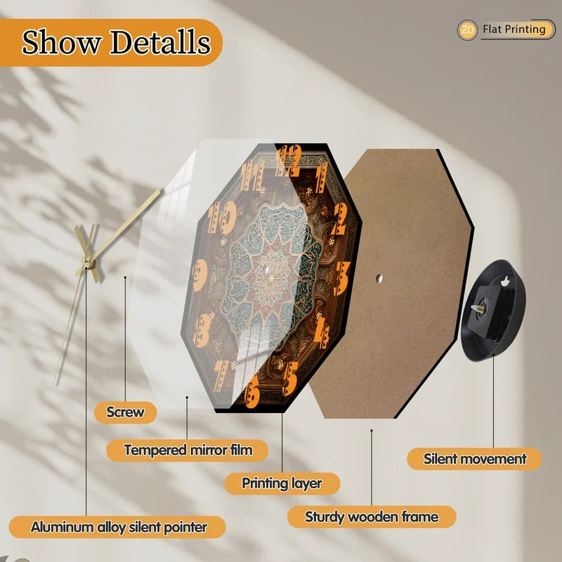 2D-Flat Distinctive Islamic Calligraphy Octagon Intricate Geometric Wall Clock for Office Kitchen Halloween Mother's Day Gifts    Home Decor Supply | Online Retail | ShoreShopper.com