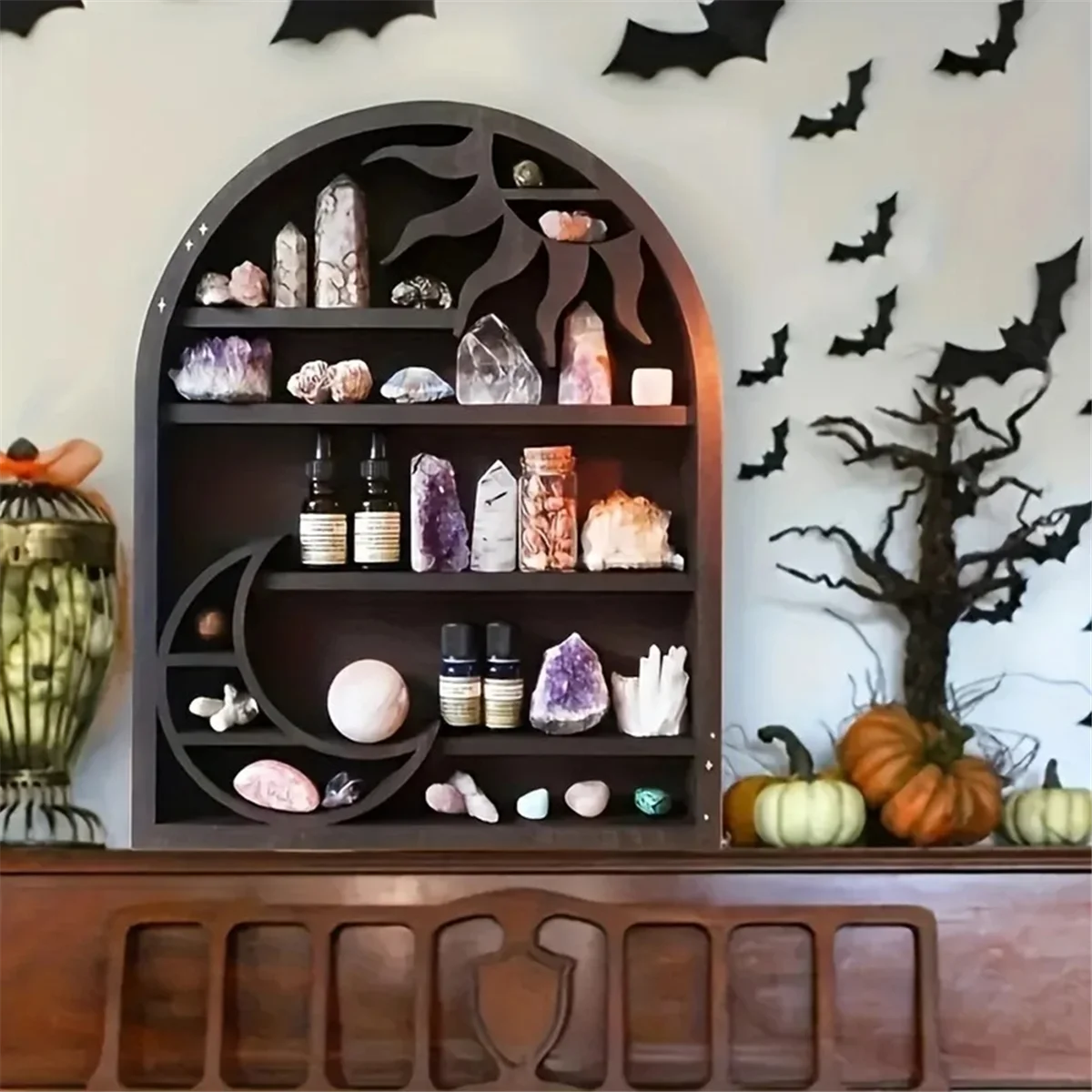 Wood Storage Shelf - Stylish and Practical Wall Shelf, Crescent Sun and Moon Crystal Shelf    Home Decor Supply | Online Retail | ShoreShopper.com