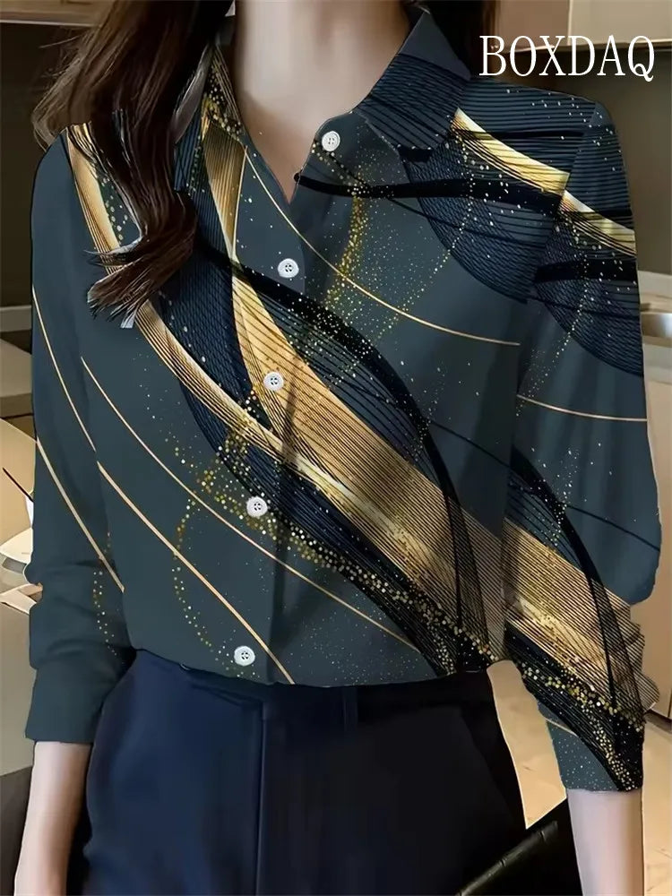 Women Shirt 2025 Autumn Clothes Women Vintage Blouses Office Lady Long Sleeve Blouse Button Up Lapel Shirts OL Print Womens Tops    Your Coastal Marketplace | Shoreshopper.com