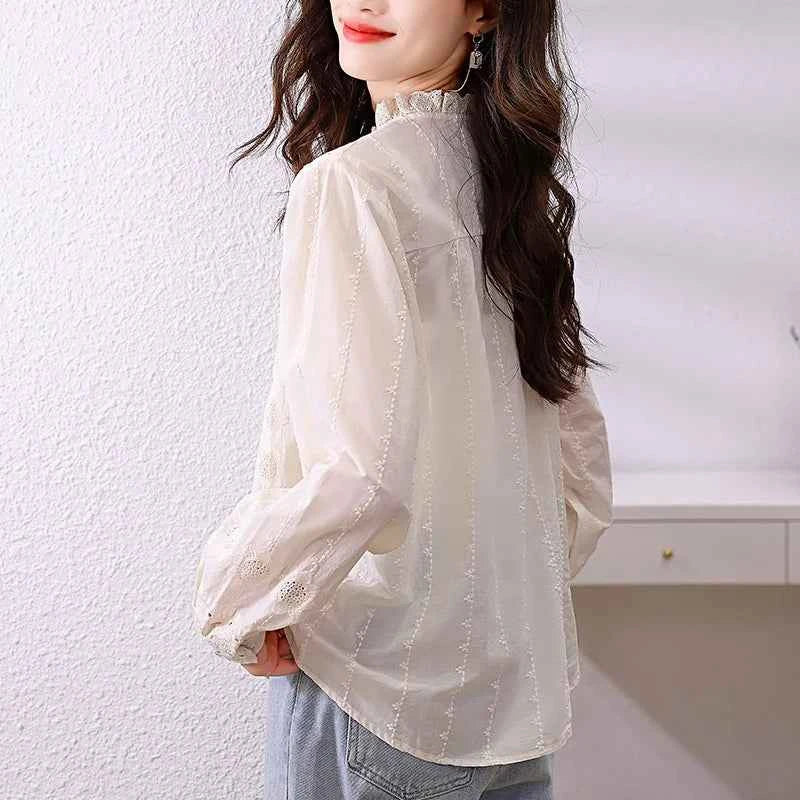 Women'S Shirt Spring Hollow Lace Ruffles O Neck Elegant Apricot Tops Long Sleeve Embroidered Cotton Shirt Vitnage Office Lady
