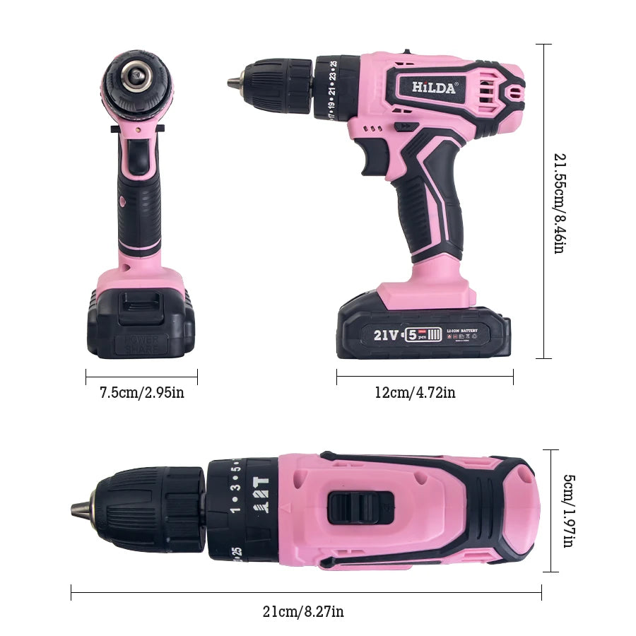 HILDA 21V Pink Drill Electric Drill Electric Screwdriver  Cordless Drill Mini Wireless Power Tools Lithium-Ion Battery - ShoreCo.Shop