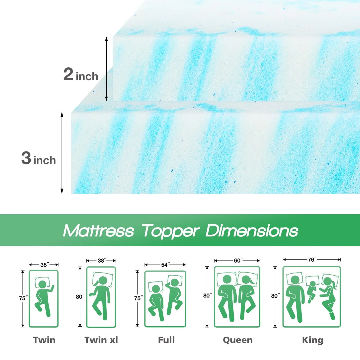 JHK 2 Inch Gel Memory Foam Mattress Topper Full Size Cooling Mattress Soft and Breathable Bed Topper School Bedroom Furniture    Home Decor Supply | Online Retail | ShoreShopper.com