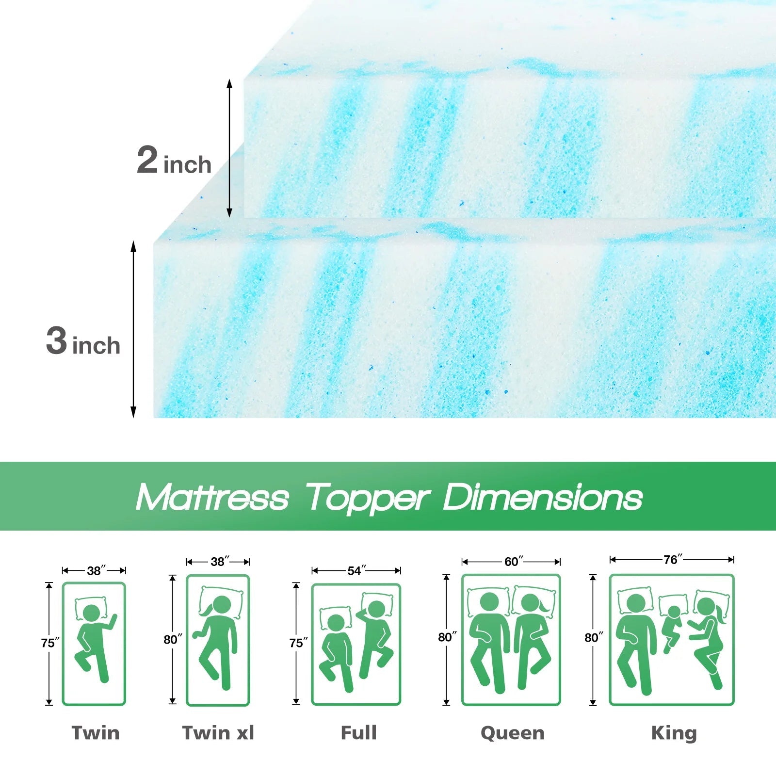 JHK 2 Inch Gel Memory Foam Mattress Topper Full Size Cooling Mattress Soft and Breathable Bed Topper School Bedroom Furniture    Home Decor Supply | Online Retail | ShoreShopper.com