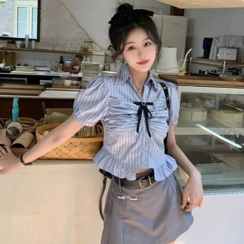 Bow-rinked Striped Shirt for Women Summer French Sweet and Spicy Puff Sleeve Shirt Short Short Sleeve Top    Home Decor Supply | Online Retail | ShoreShopper.com