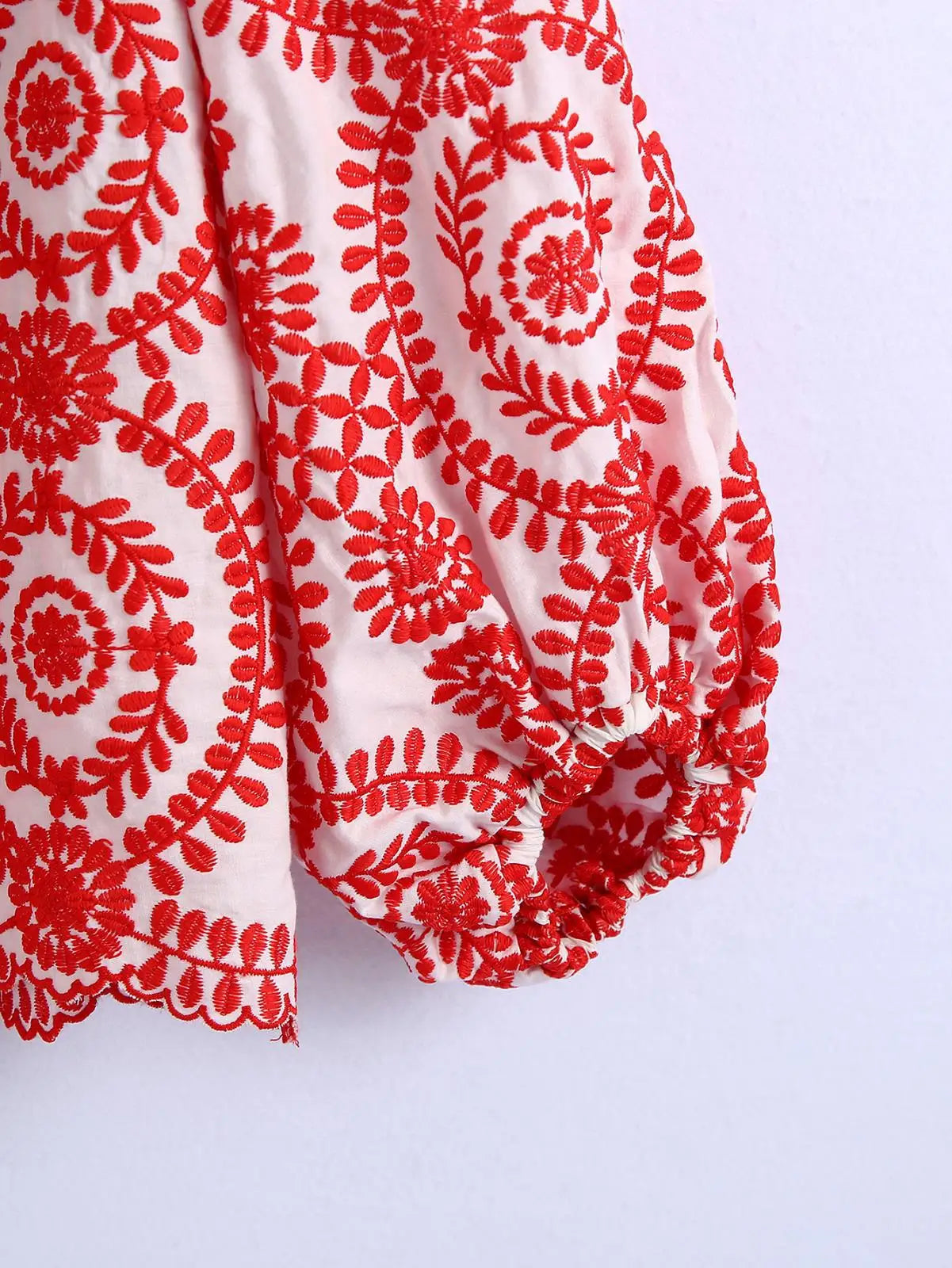 Women Red Floral Embroidered Shirt V Neck Long Sleeve Blouse Down Bohemian T-Shirt Casual Vacation Style Summer Clothing    Your Coastal Marketplace | Shoreshopper.com