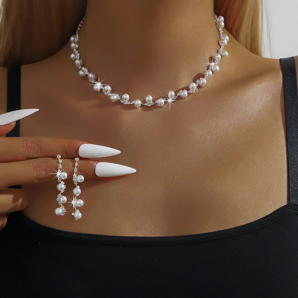 Pearl & Crystal Jewelry Set Choker Necklace Bracelet Drop Earrings Bridal Accessories for Wedding Prom Party Women Daily Wear    Home Decor Supply | Online Retail | ShoreShopper.com