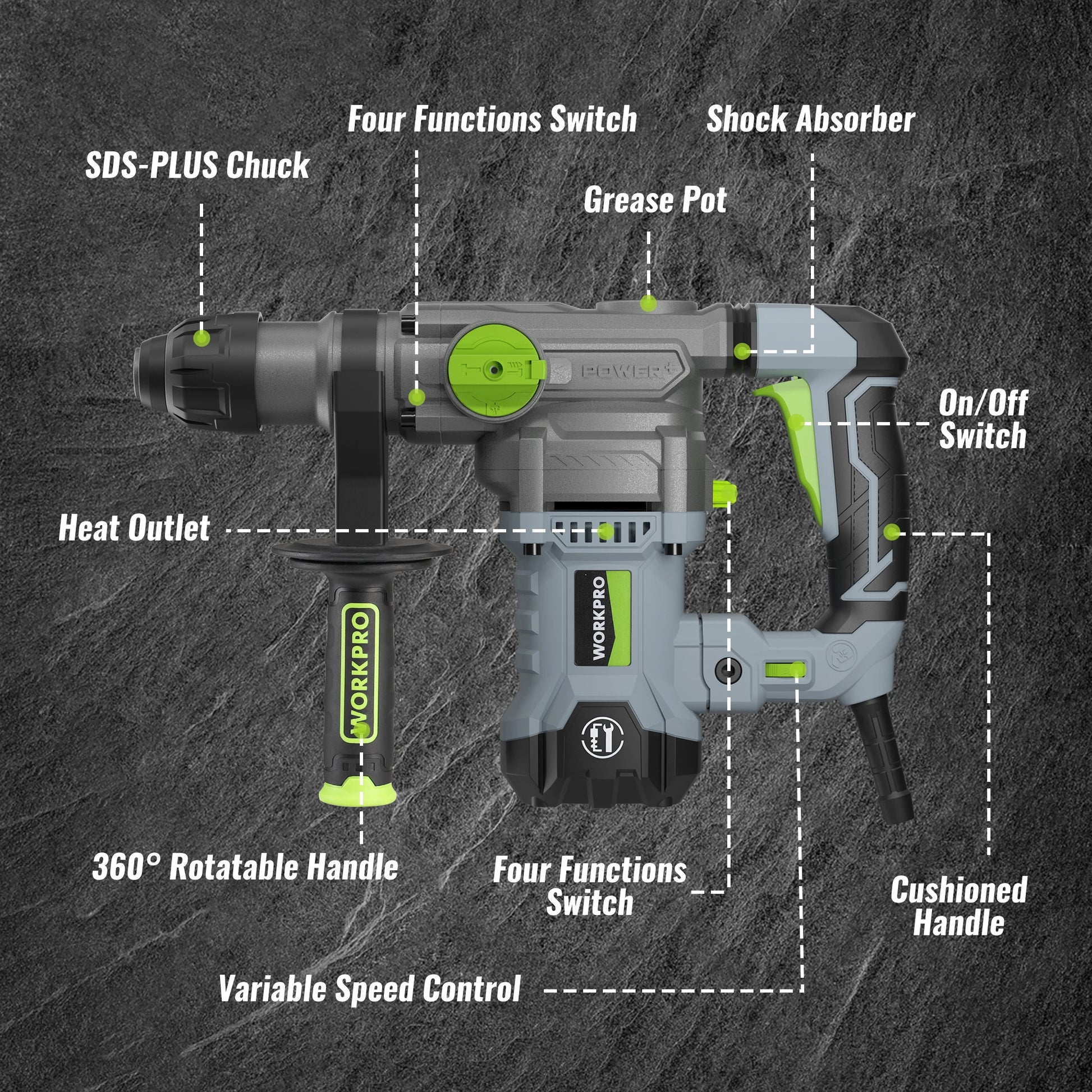 WORKPRO  12.5 AMP Heavy Duty Rotary Hammer Drill for Concrete 32mm MAX, Steel 13mm MAX,Wood 42mm MAX. - ShoreCo.Shop