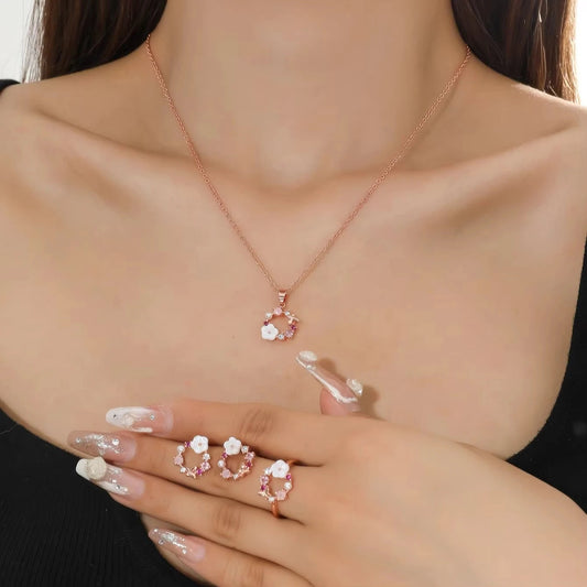 4 Pieces Rose Gold-color Lady Flower Fashion Accessories Zircon Simple Ornate Exquisite Necklace Ring Earrings Jewelry Set    Home Decor Supply | Online Retail | ShoreShopper.com