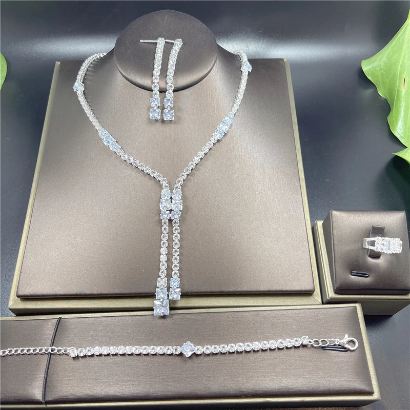 Fashion Crystal Bridal Jewelry Sets Silver Color Geometric Choker Necklace Earrings Bracelet Ring Four-piece Wedding Jewelry Set    Home Decor Supply | Online Retail | ShoreShopper.com