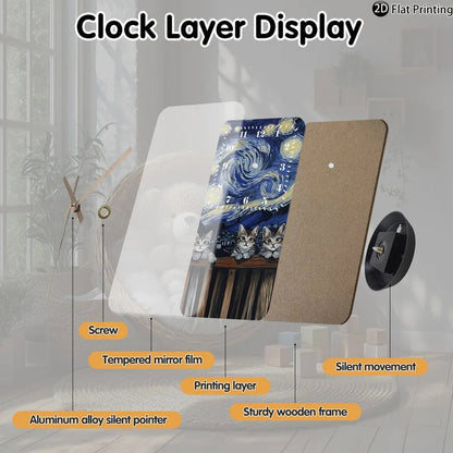 Vintage 2D-Flat Cats with Van Goghs Starry Night backdrop Wooden Silent Quartz Rectangle Wall Clock for Home Idea Holiday Gifts    Home Decor Supply | Online Retail | ShoreShopper.com