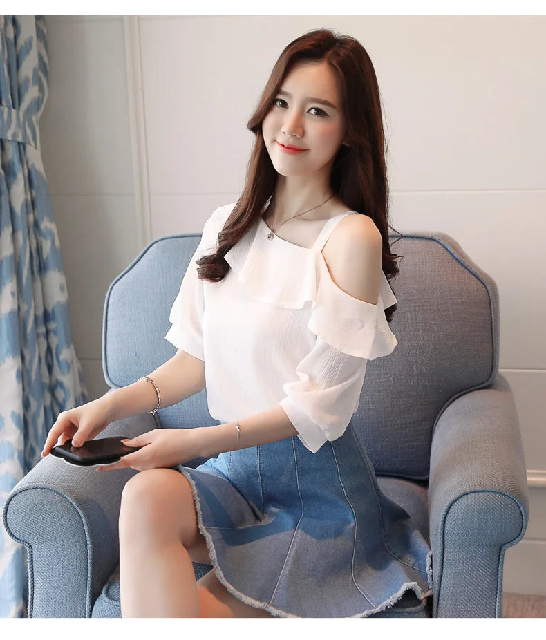 Women's Shirt Tops One-Shoulder Ruffles Short-sleeved Chiffon Blouse    Your Coastal Marketplace | Shoreshopper.com