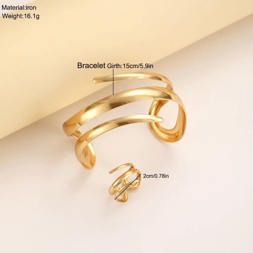 European and American Thick Bracelet and Ring Jewelry Set for Women Gold Color Geometric Line Bracelet Ring Combination Set Gift    Home Decor Supply | Online Retail | ShoreShopper.com