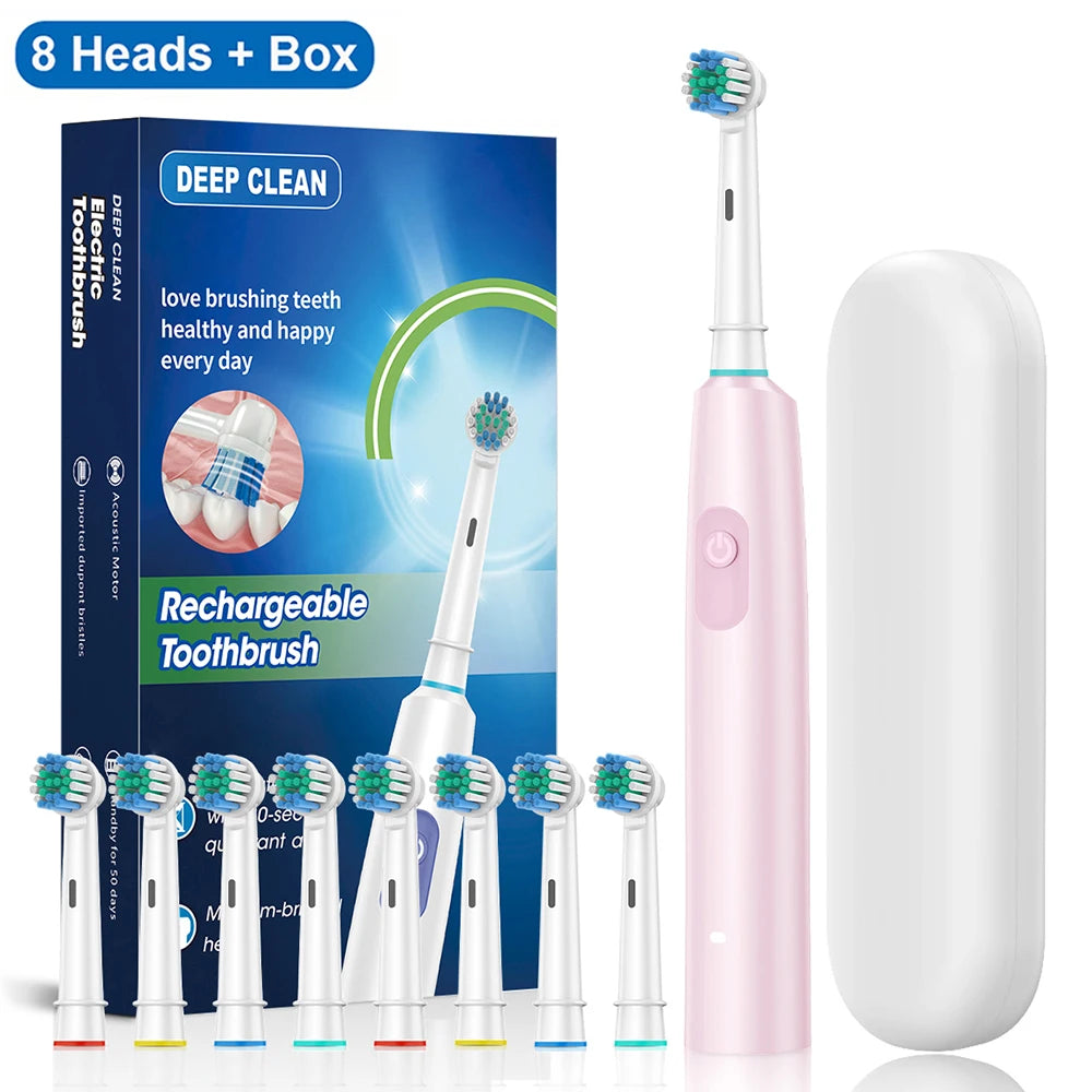 Electric Toothbrush Rotary Rechargeable Electric Toothbrush for Adults Rotating Electric Toothbrushes with 8 Soft Brush Heads - ShoreCo.Shop
