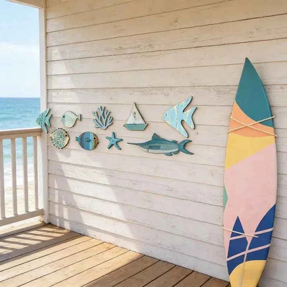 Nautical Coastal Ocean Home Wall Decor 10pcs Wooden Fish Hanging Ornament Non-3D Cute Pattern Beach Theme Bathroom Art Decor