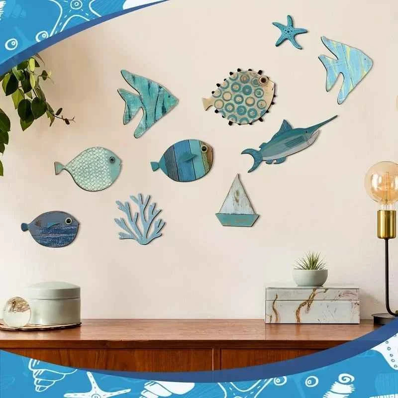 Nautical Coastal Ocean Home Wall Decor 10pcs Wooden Fish Hanging Ornament Non-3D Cute Pattern Beach Theme Bathroom Art Decor