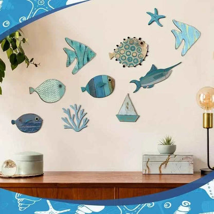 Nautical Coastal Ocean Home Wall Decor 10pcs Wooden Fish Hanging Ornament Non-3D Cute Pattern Beach Theme Bathroom Art Decor