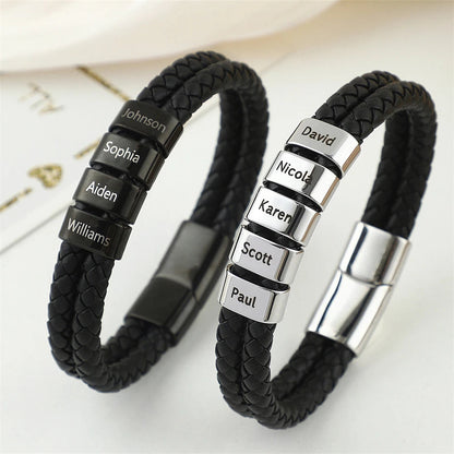 Fathers Day Gift Personalized Men's Leather Bracelet Custom Engraved Kid Names Beads Bracelets for Dad Husband Punk Jewelry Boy    Your Coastal Marketplace | Shoreshopper.com