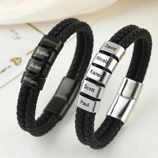 Fathers Day Gift Personalized Men's Leather Bracelet Custom Engraved Kid Names Beads Bracelets for Dad Husband Punk Jewelry Boy