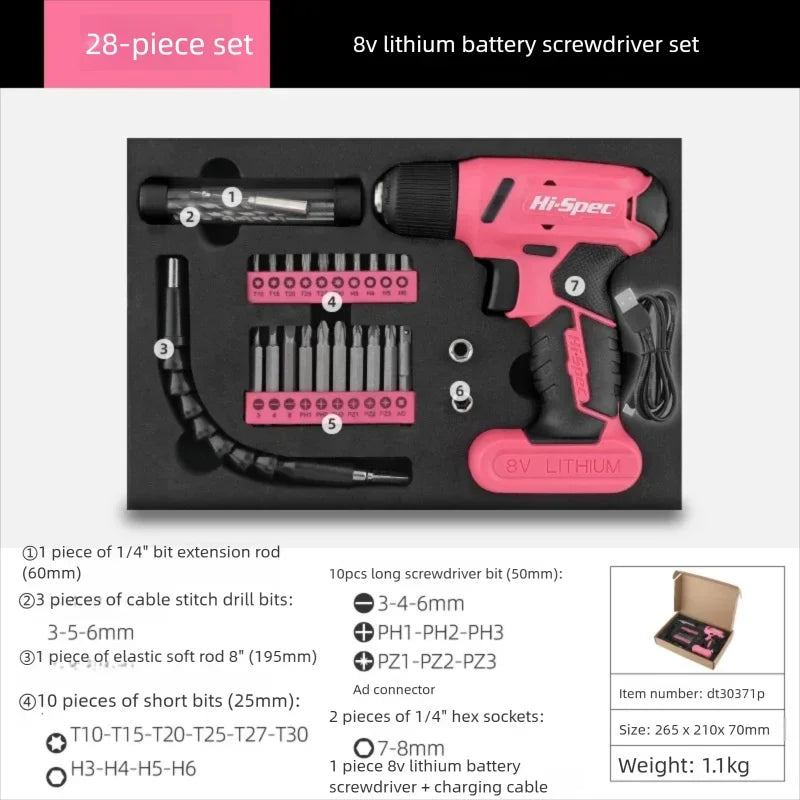 Hi-Spec 92-Piece Pink Home Tool Box Set, Multi-Function Hand Repair Kit with Hammer Cordless Power Drill Combo for Household DIY - ShoreCo.Shop
