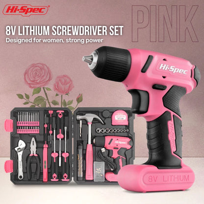 Hi-Spec 92-Piece Pink Home Tool Box Set, Multi-Function Hand Repair Kit with Hammer Cordless Power Drill Combo for Household DIY - ShoreCo.Shop