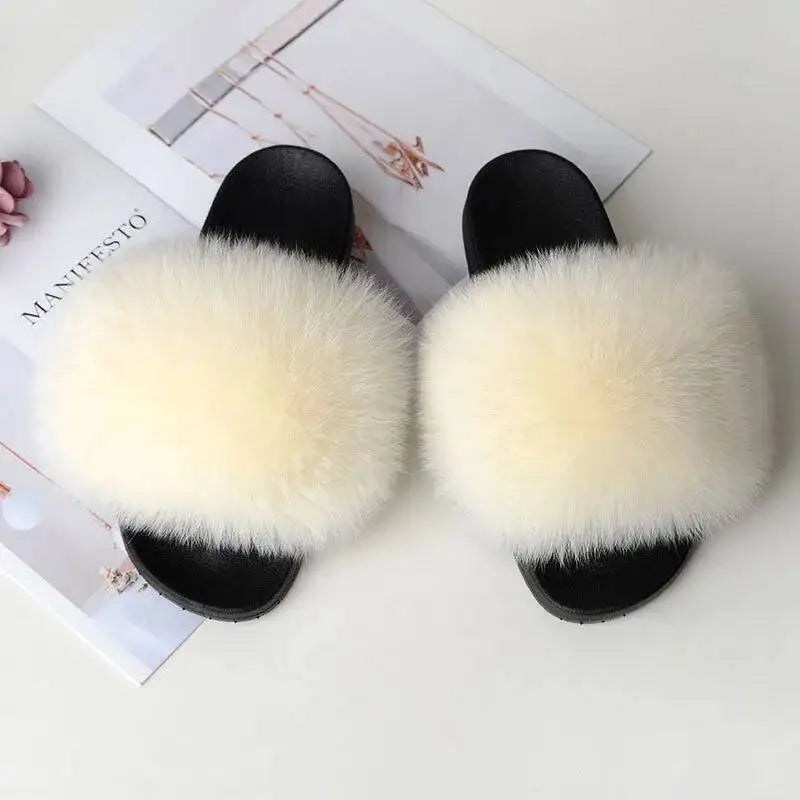 Summer Women Fur Slides Fluffy Furry Slippers Indoor Fuzzy Flip Flops Casual Outdoor Flat Ladies Fur Sandals Plush House Shoes - ShoreCo.Shop